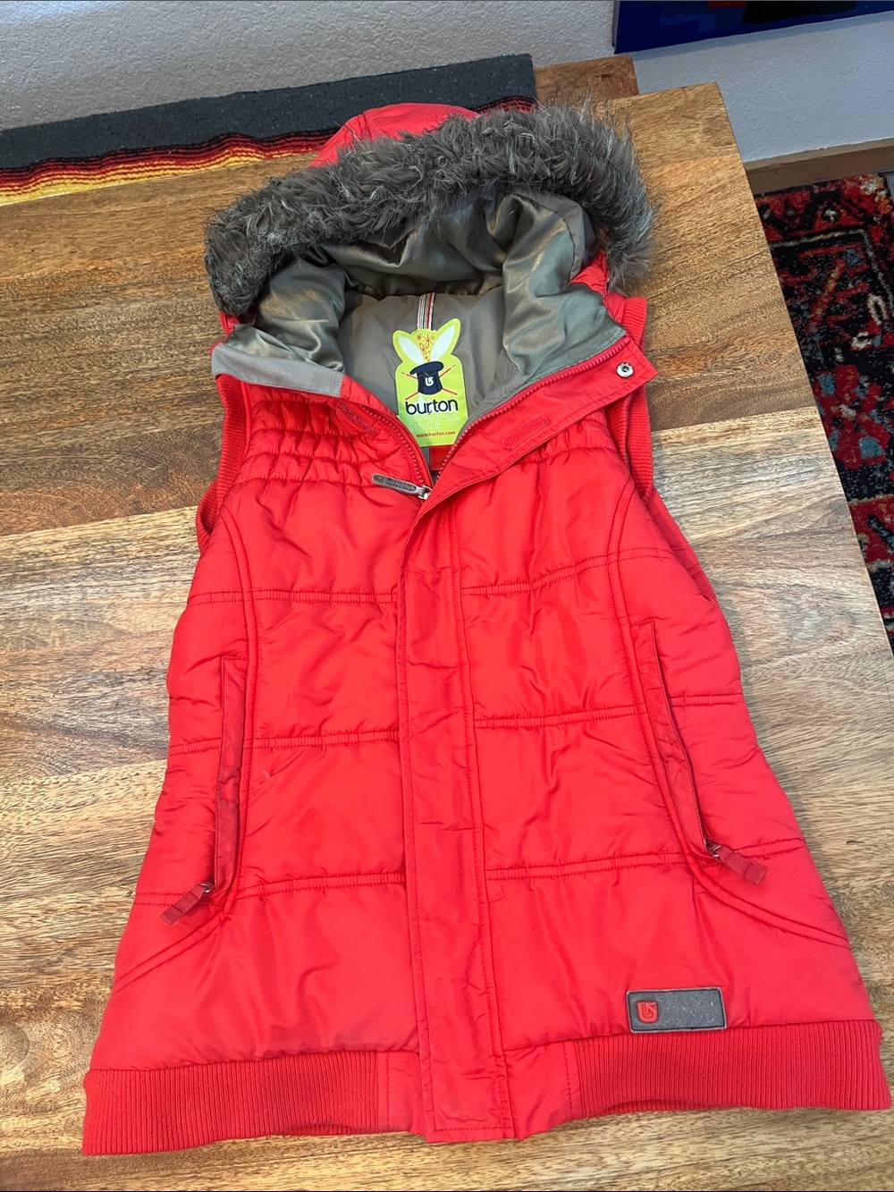 Burton Red Quilted Hooded Vest with Faux Fur Hood Trim